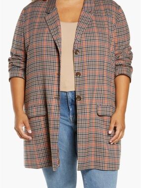 Women’s BB Dakota Plaid Long Blazer Jacket in Coral, Navy, Purple, Tan - Size L